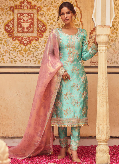 Aqua Blue Embroidered Brocade Straight Suit