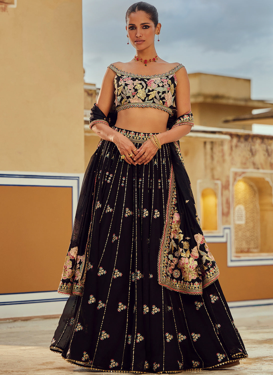 Black Embroidered Georgette Lehenga