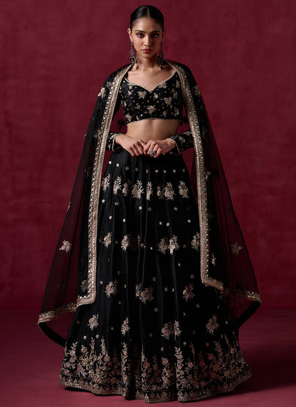 Black Embroidered Satin Lehenga