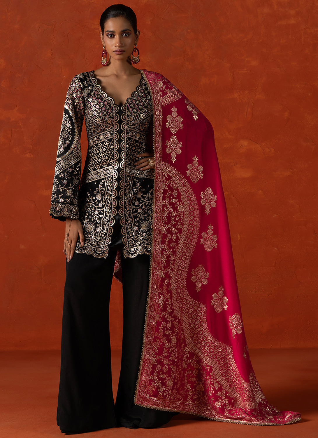 Black and Pink Embroidered Palazzo Suit