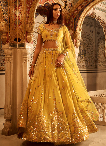 Yellow Embroidered Viscose Organza Lehenga