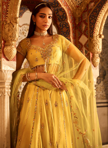 Yellow Embroidered Viscose Organza Lehenga