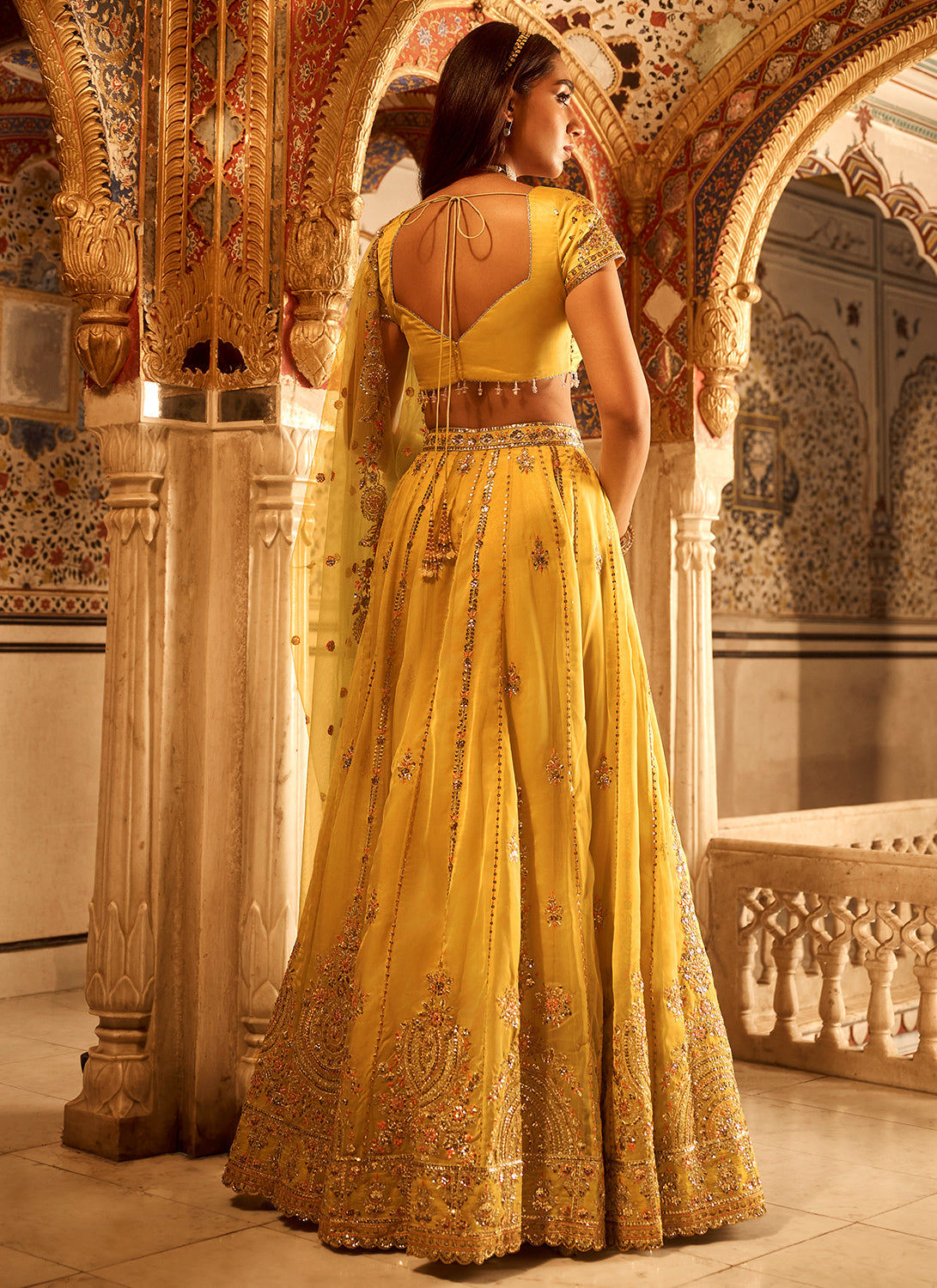 Yellow Embroidered Viscose Organza Lehenga