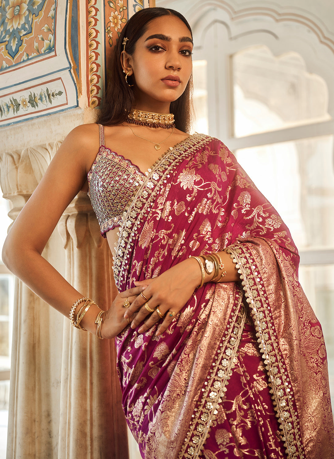 Purple Embroidered Brocade Saree