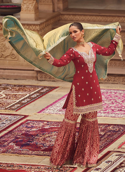 Maroon Embroidered Crepe Gharara Suit