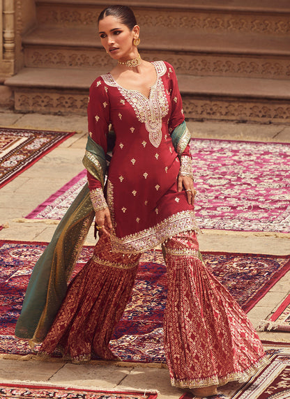 Maroon Embroidered Crepe Gharara Suit