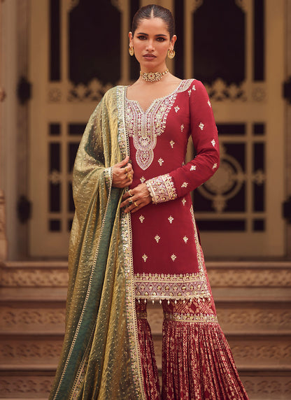 Maroon Embroidered Crepe Gharara Suit