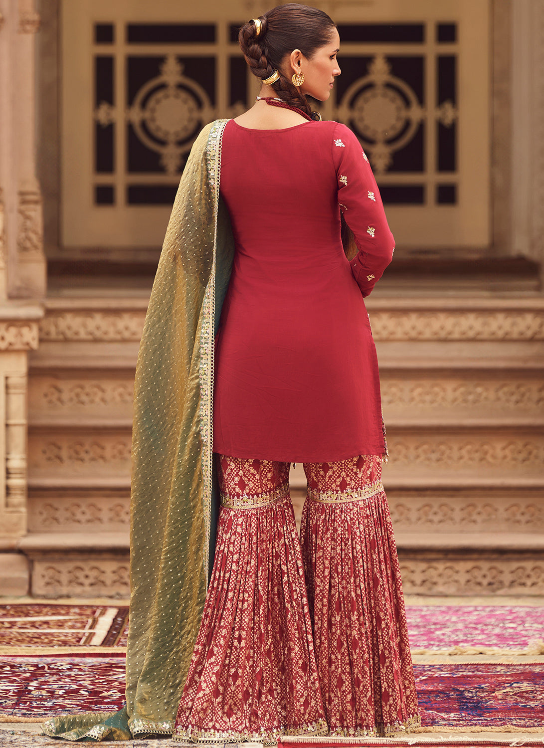 Maroon Embroidered Crepe Gharara Suit