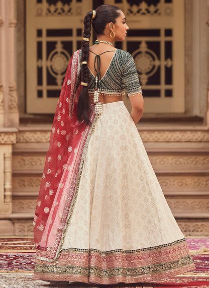 Red and Green Multicolor Embroidered Brocade Lehenga