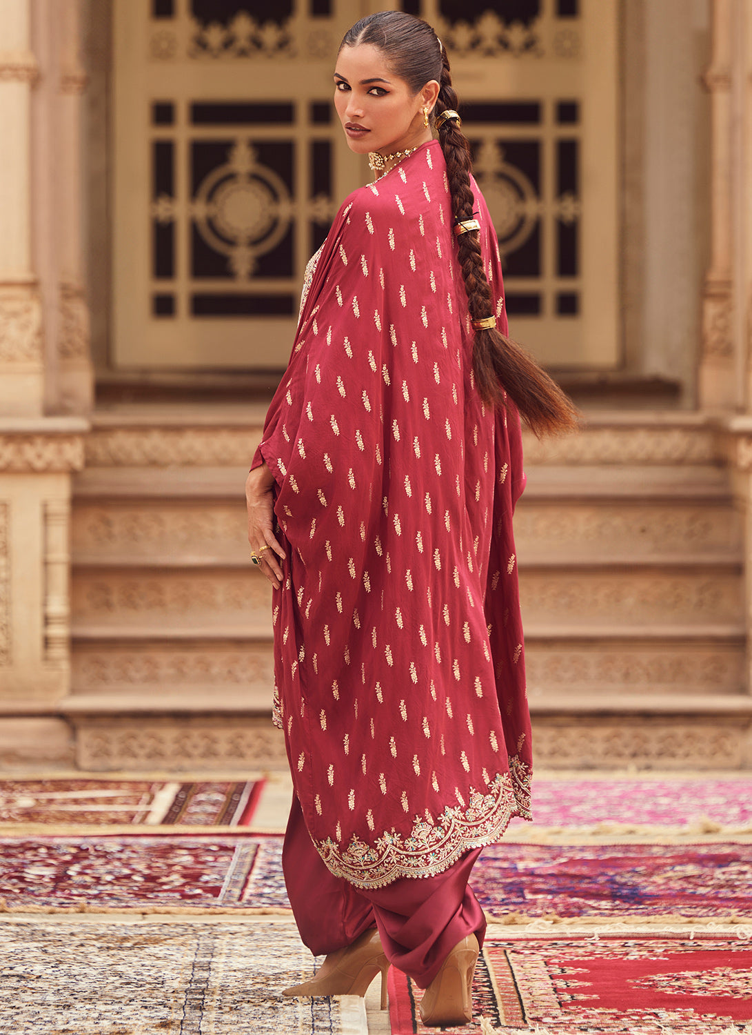 Maroon Embroidered Cape Dhoti Set