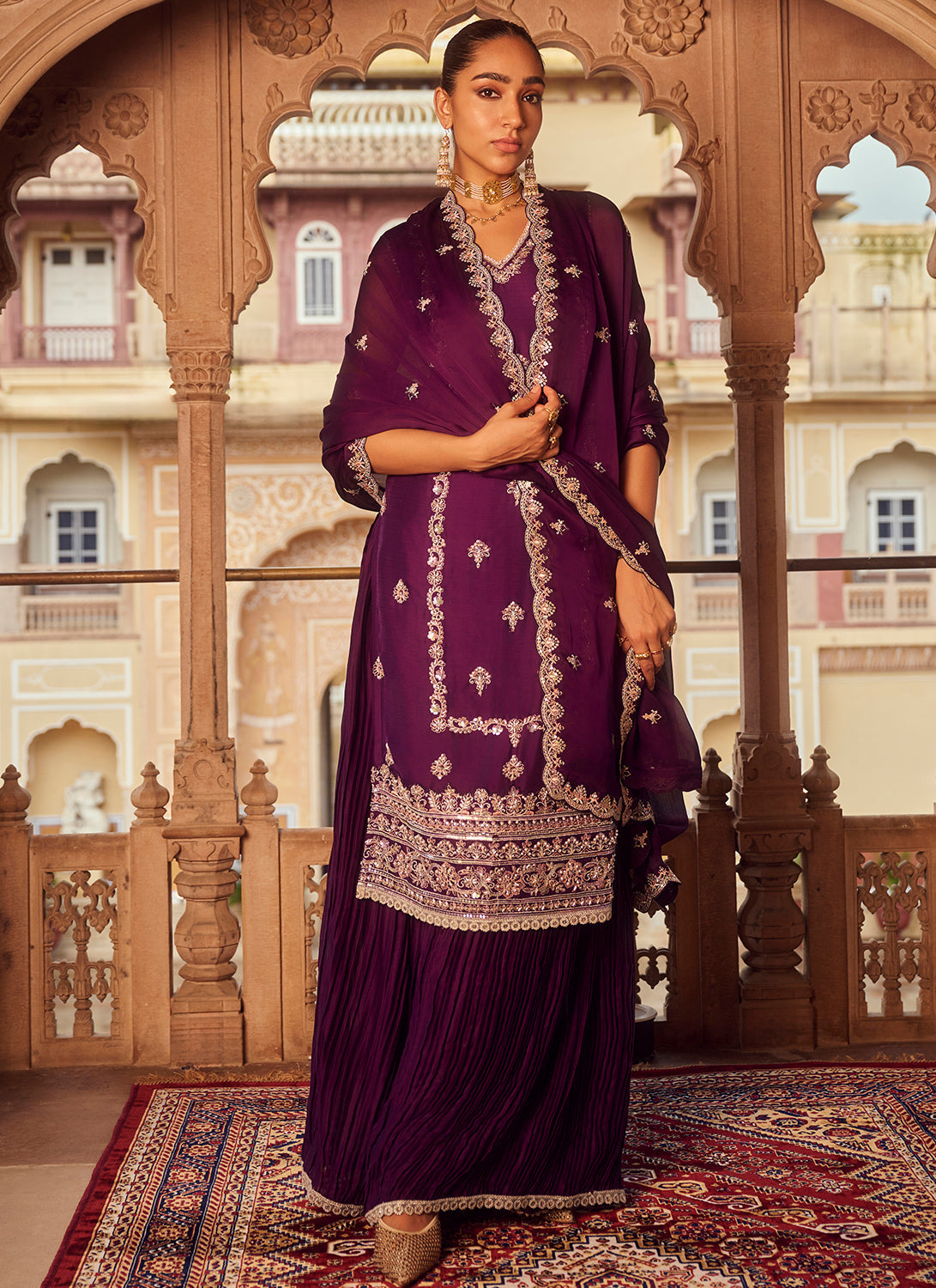 Purple Embroidered Chiffon Palazzo Suit