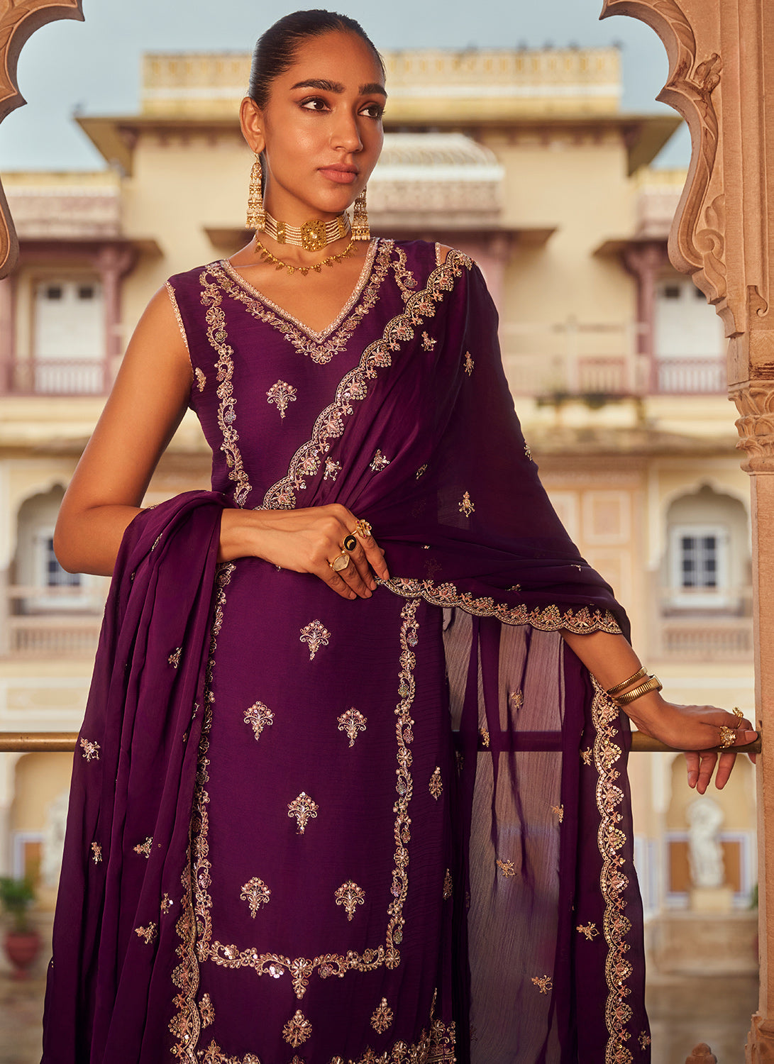 Purple Embroidered Chiffon Palazzo Suit