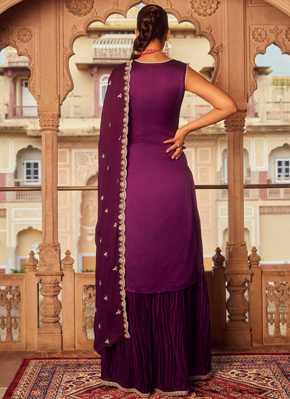 Purple Embroidered Chiffon Palazzo Suit