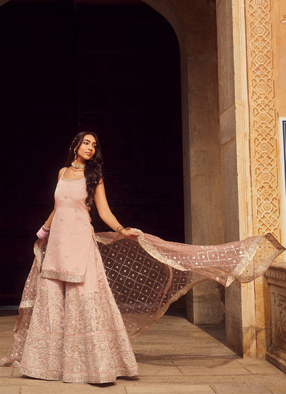 Dusty Peach Embroidered Silk Sharara Suit