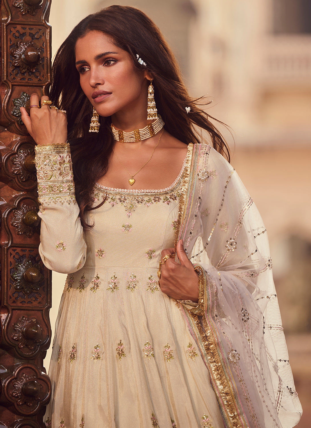 Light Dusty Beige Embroidered Anarkali