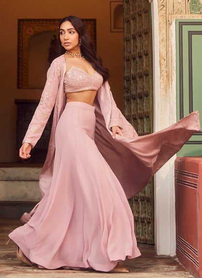 Dusty Rose Embroidered Jacket Style Sharara