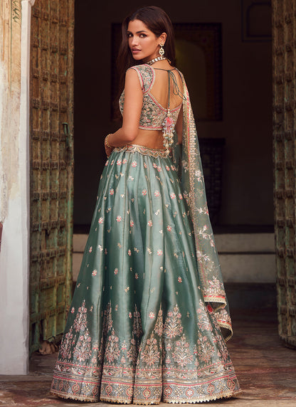 Dusty Mint Green Embroidered Organza Lehenga