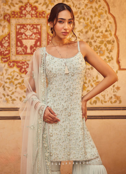 Soft Blue Embroidered Chinon Gharara Suit