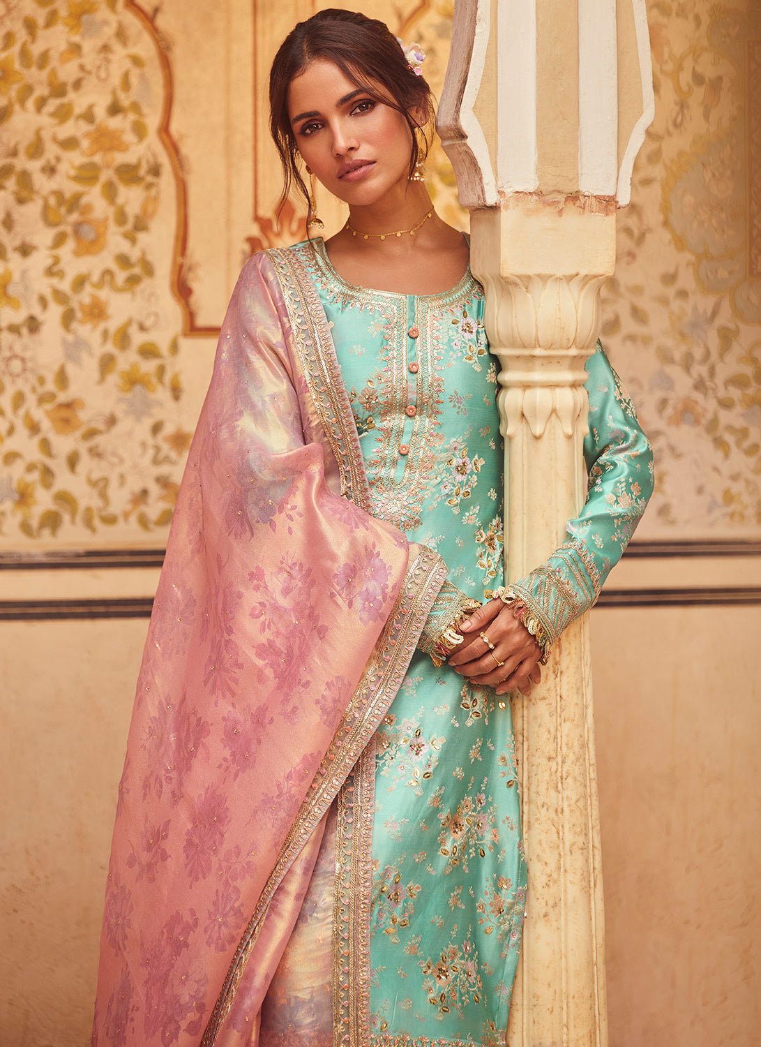 Aqua Blue Embroidered Brocade Straight Suit