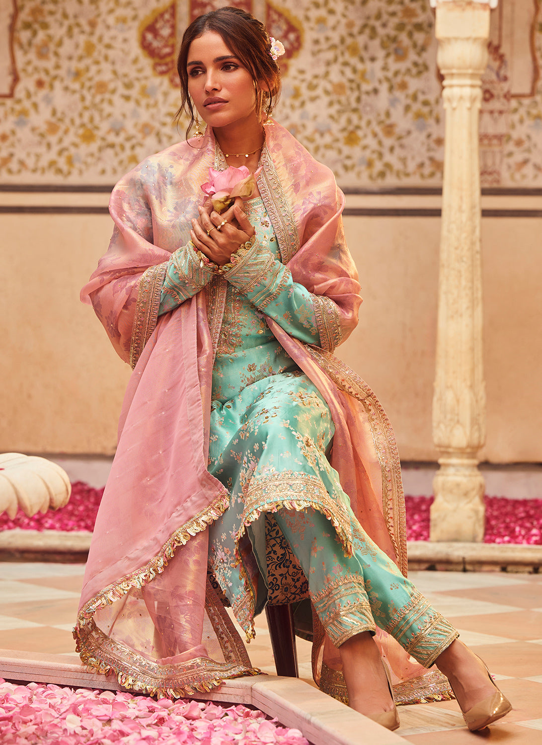 Aqua Blue Embroidered Brocade Straight Suit