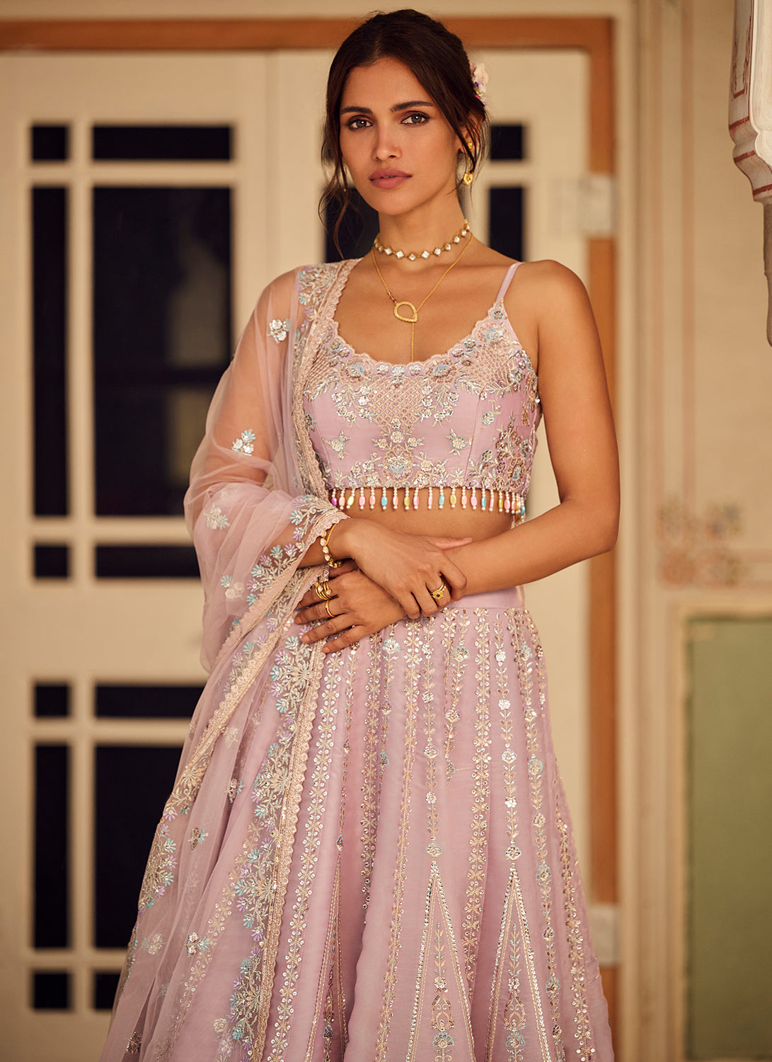 Dusty Purple Embroidered Organza Lehenga