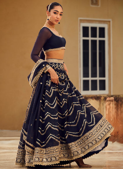 Navy Blue Embroidered Organza Lehenga