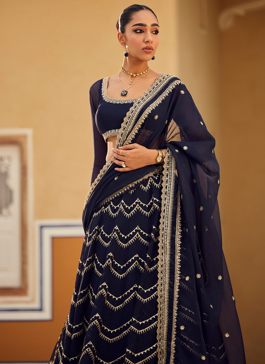 Navy Blue Embroidered Organza Lehenga