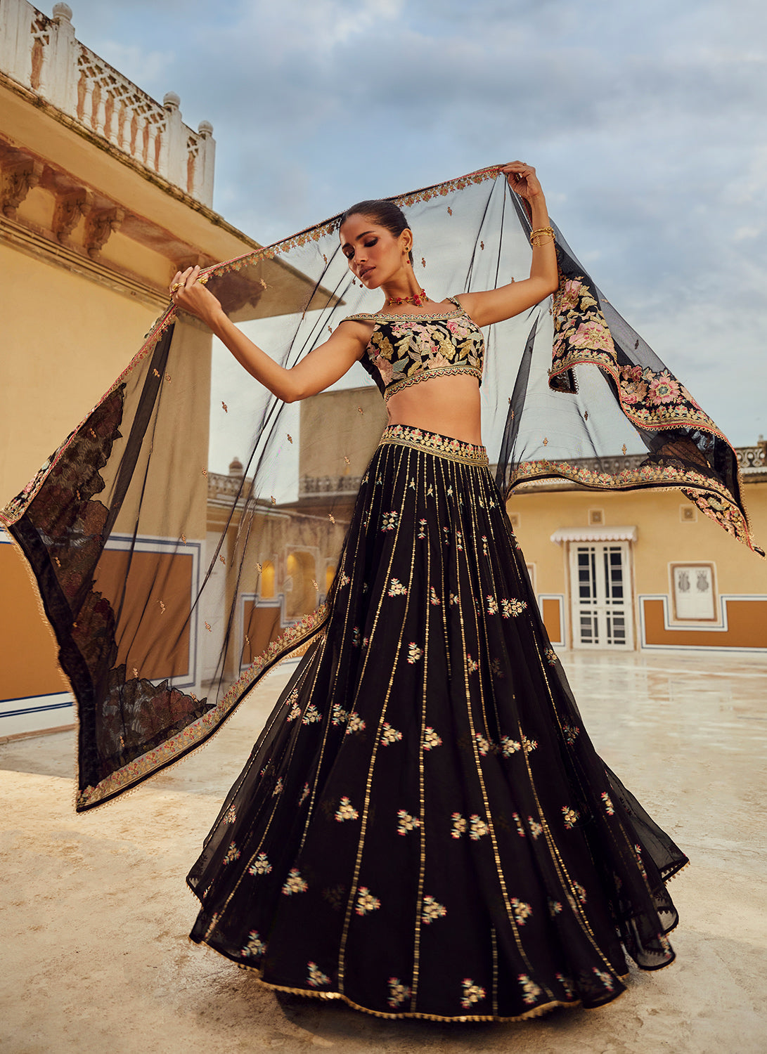 Black Embroidered Georgette Lehenga