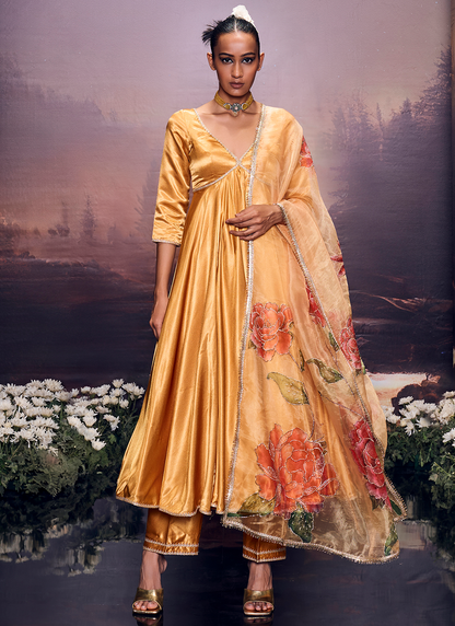 Mustard Embroidered Satin Anarkali