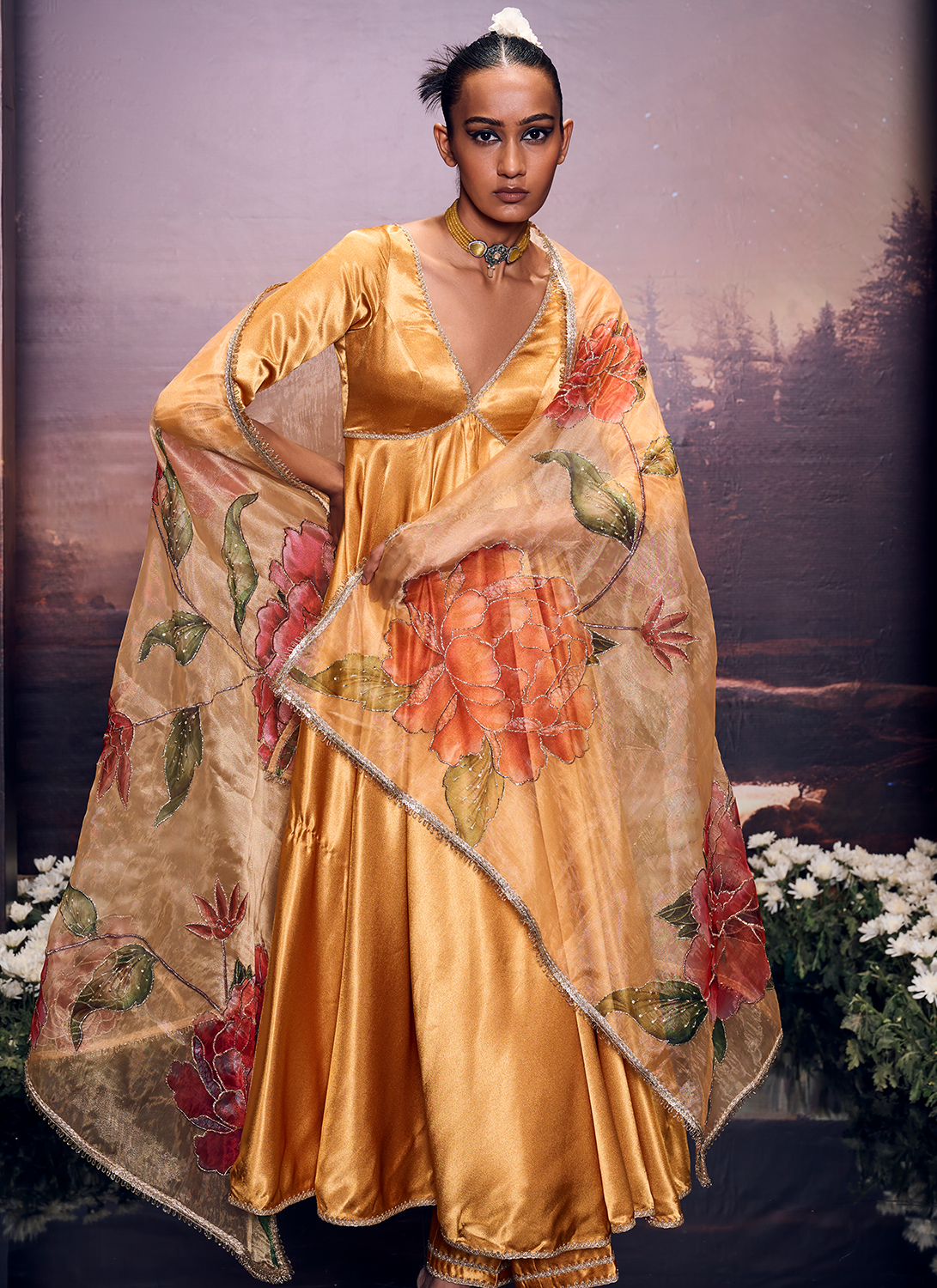 Mustard Embroidered Satin Anarkali