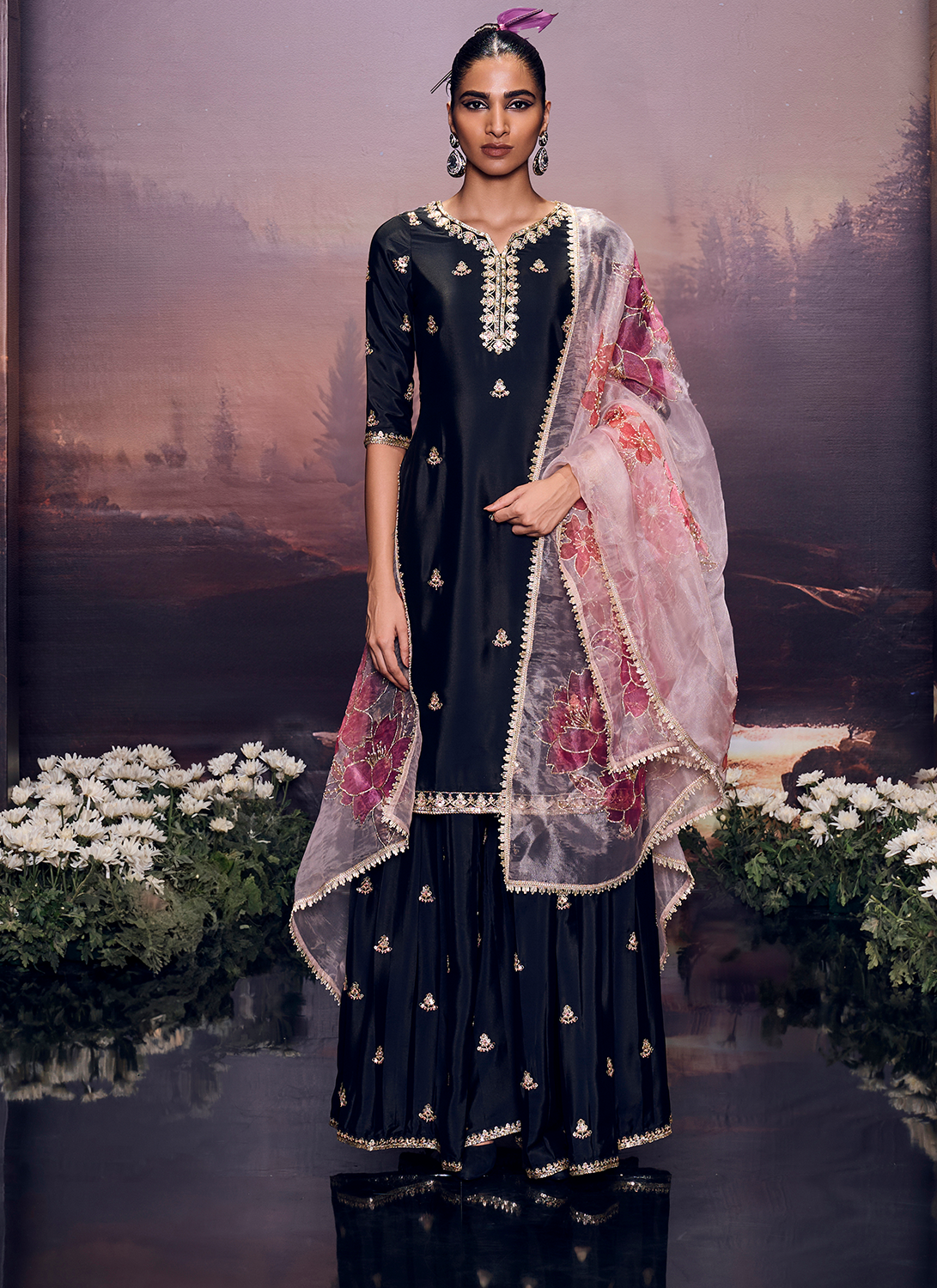 Black Embroidered Sharara Suit