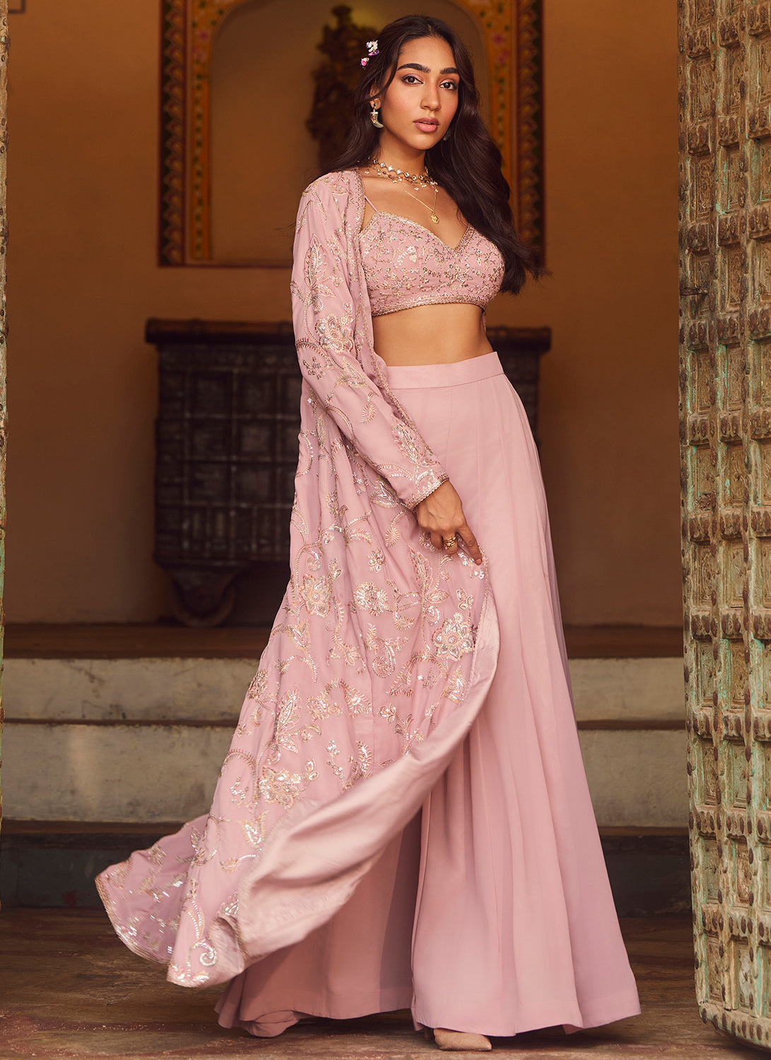 Dusty Rose Embroidered Jacket Style Sharara