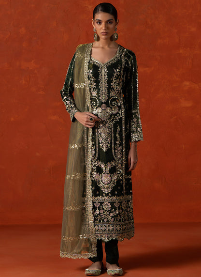 Green Embroidered Georgette Pant Suit