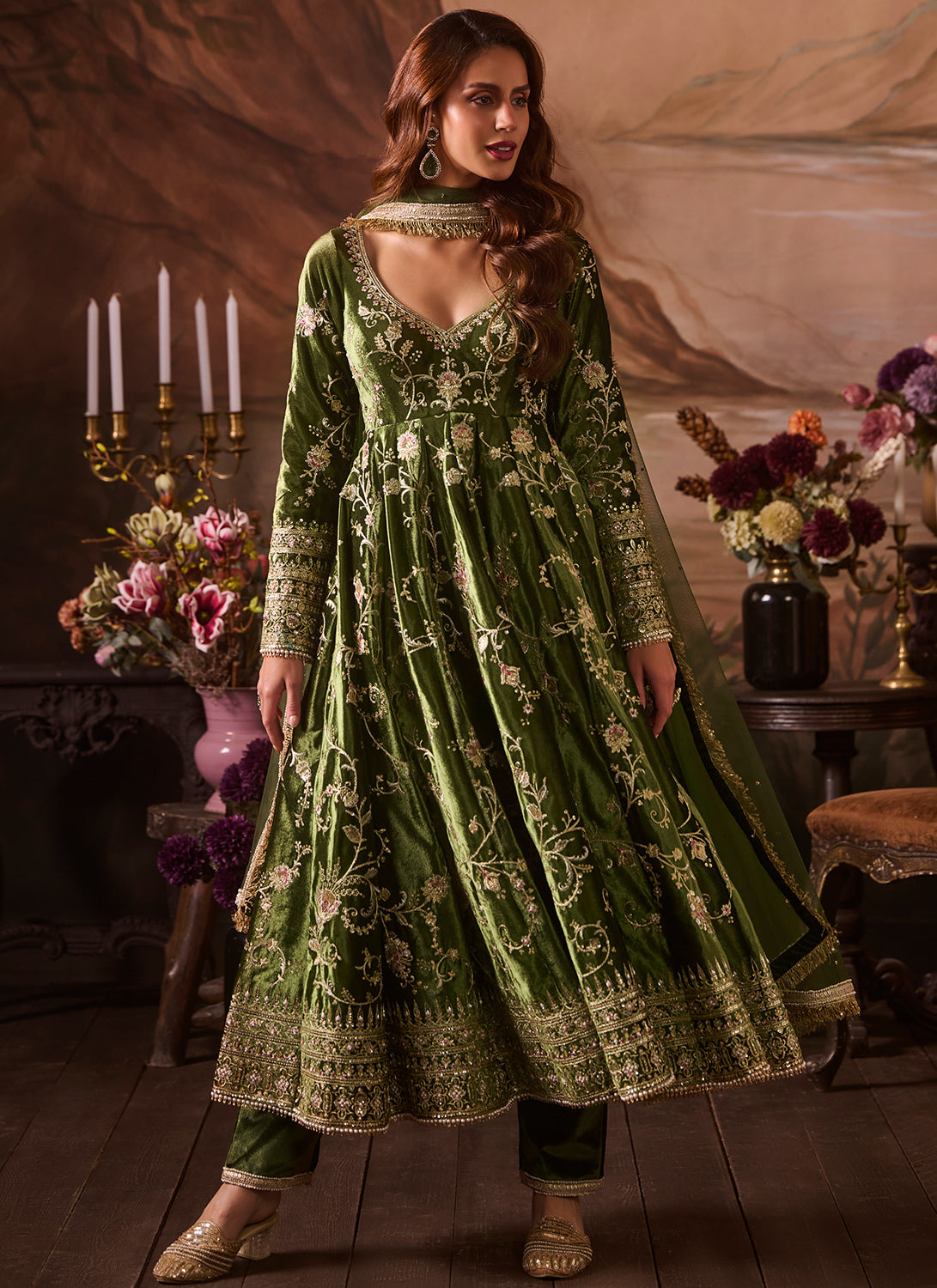 Green Embroidered Velvet Anarkali