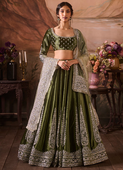 Green Embroidered Velvet Lehenga