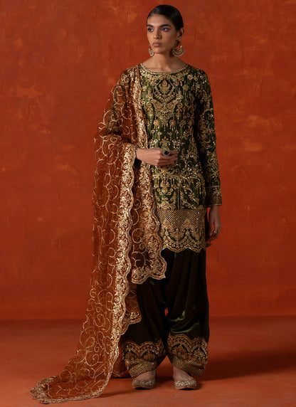 Green and Rust Embroidered Punjabi Suit