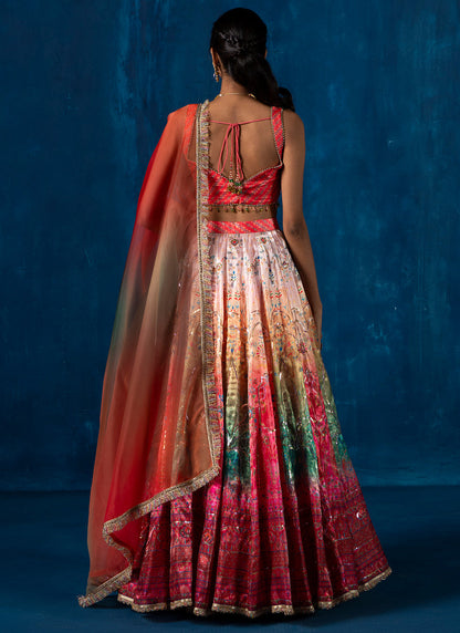 Red Multicolor Embroidered Lehenga