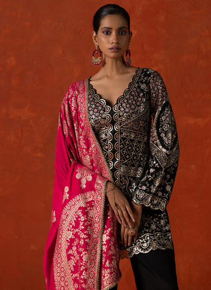 Black and Pink Embroidered Palazzo Suit