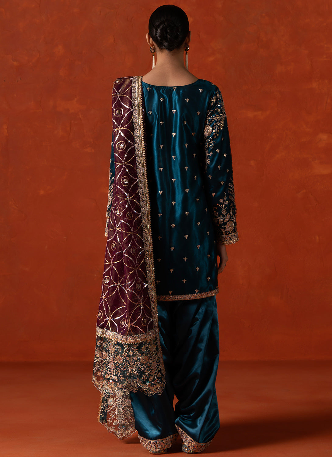 Teal Blue and Wine Embroidered Punjabi Suit