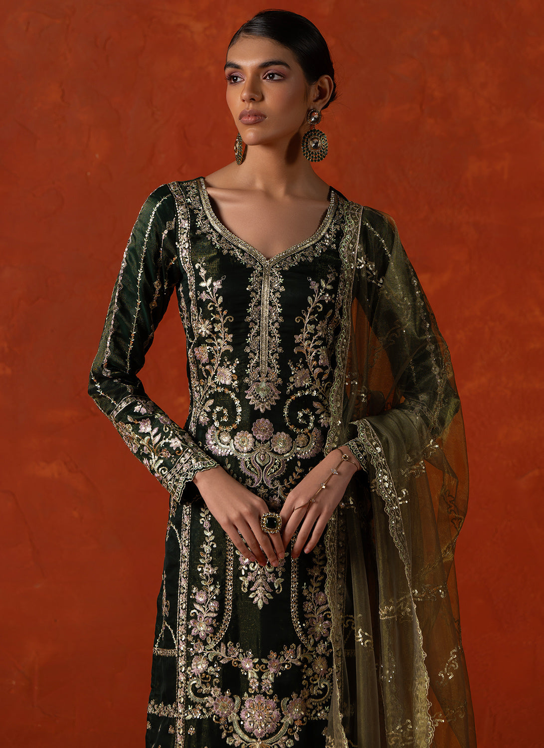 Green Embroidered Georgette Pant Suit