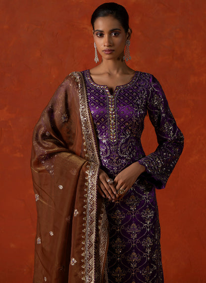 Purple and Brown Embroidered Straight Suit