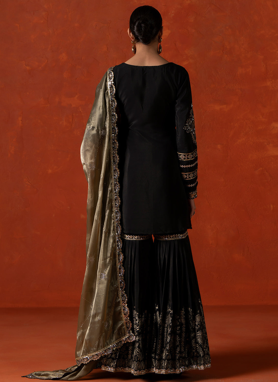 Black and Light Green Embroidered Gharara Suit