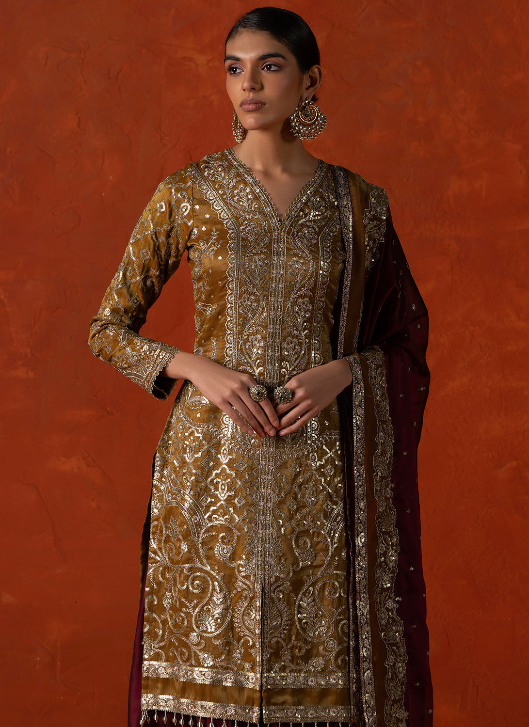 Mustard and Mulberry Embroidered Sharara Suit