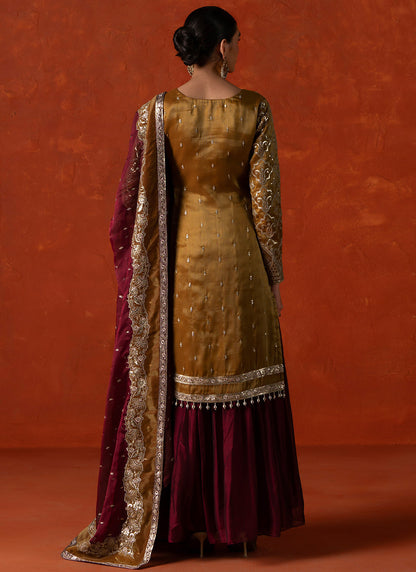 Mustard and Mulberry Embroidered Sharara Suit