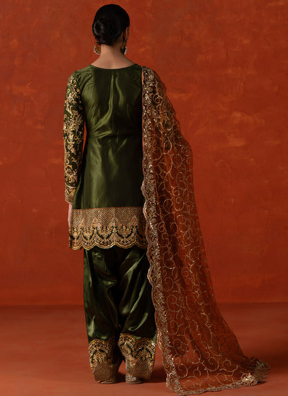 Green and Rust Embroidered Punjabi Suit