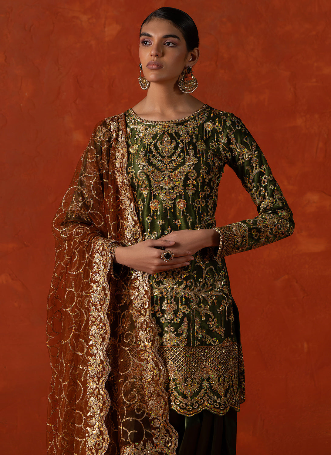 Green and Rust Embroidered Punjabi Suit