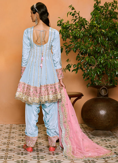 Pink and Light Blue Embroidered Punjabi Suit