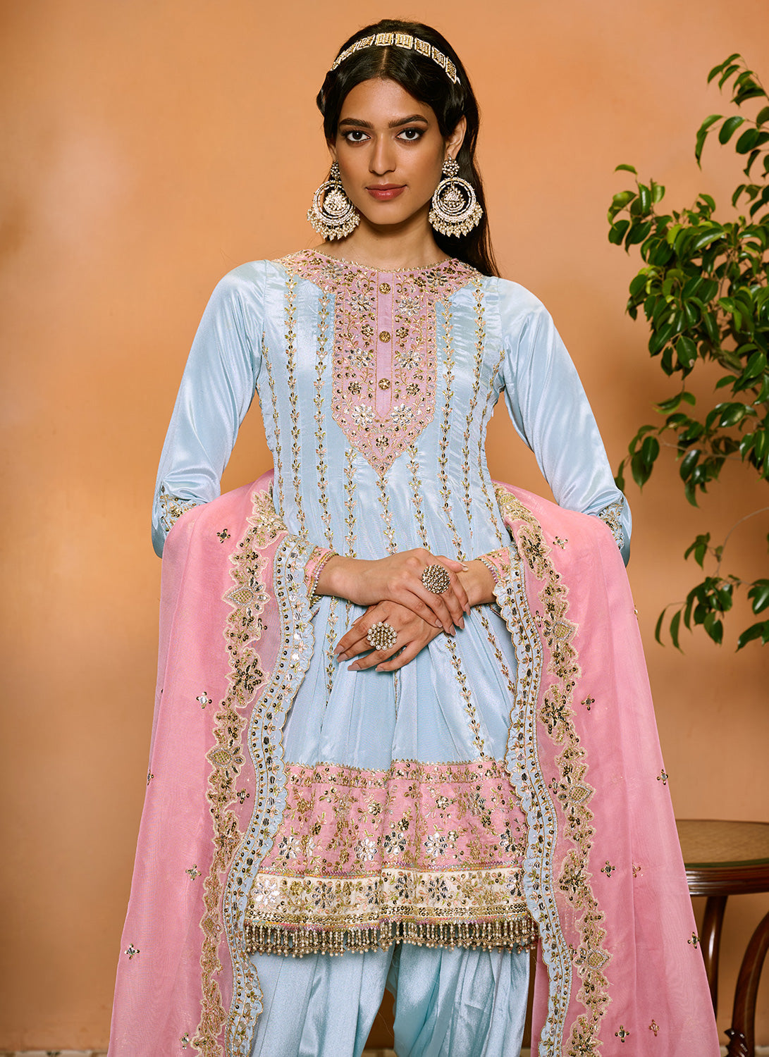 Pink and Light Blue Embroidered Punjabi Suit