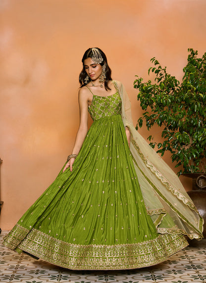 Mehendi Green Embroidered Anarkali