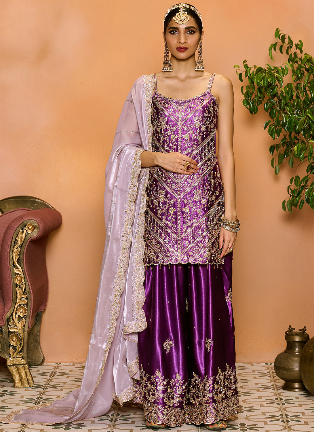 Purple Embroidered Sharara Suit